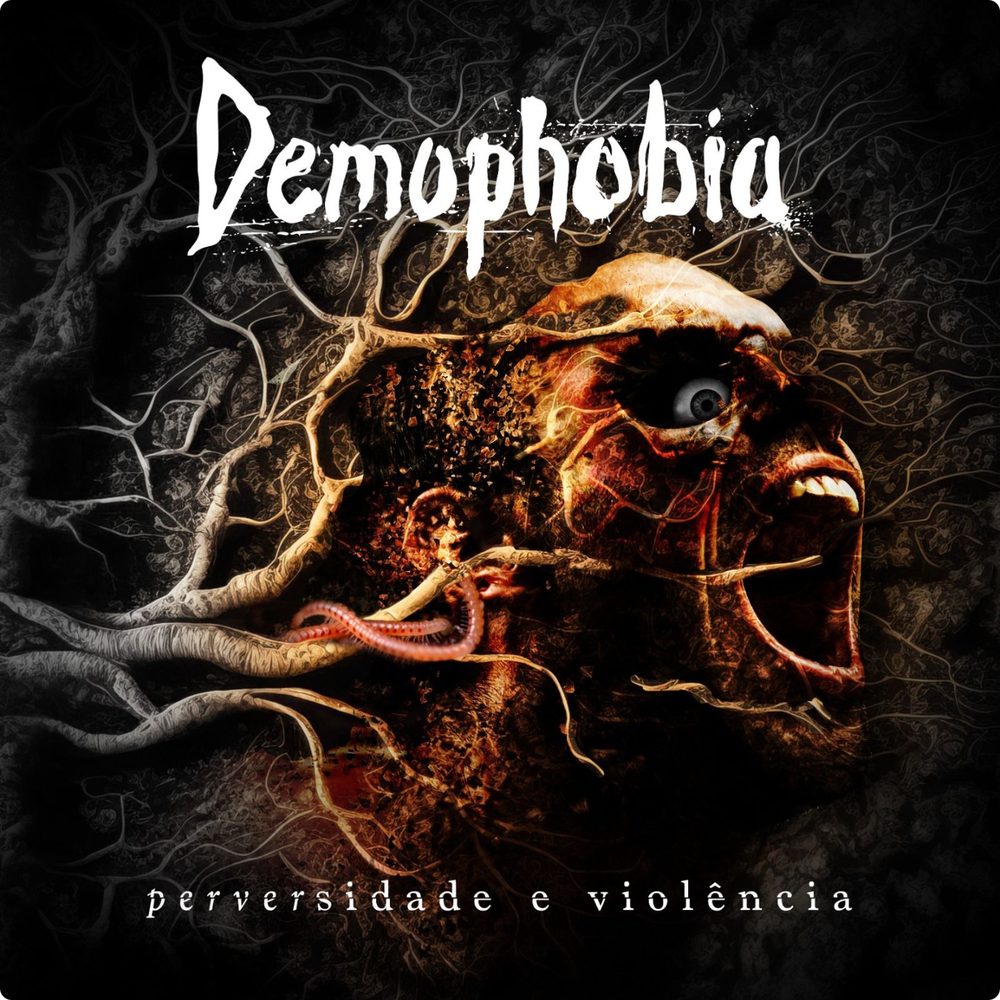 Capa do álbum Perversidade e Violência: um rosto em decomposição tomado por raízes, com o logotipo da banda no topo